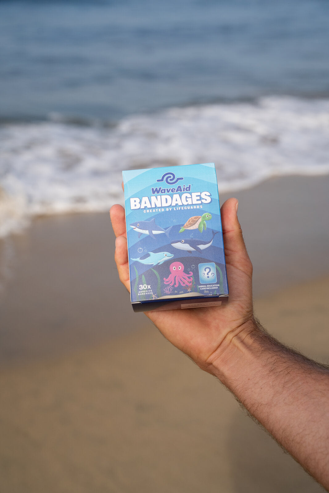 A hand holding a WaveAid box on the beach.